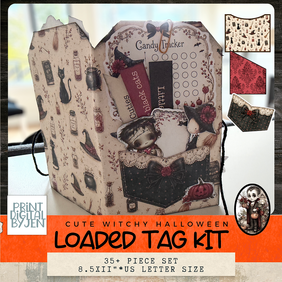 Completed whimsical witch Halloween loaded tag kit displayed open with pockets, candy tracker, journaling cards, black cat il