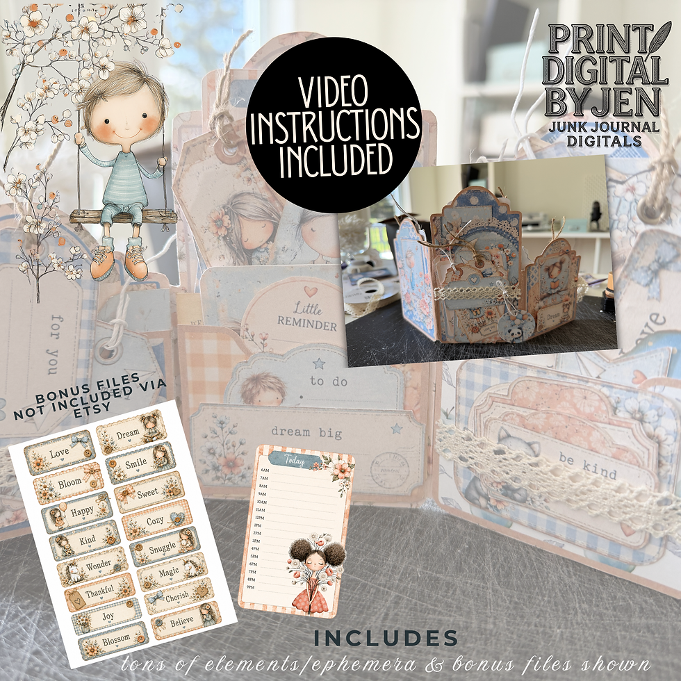 Close-up promotional image of the Blue Blossom Summer Tri Fold Folio Kit with assembled folio, whimsical floral character ill