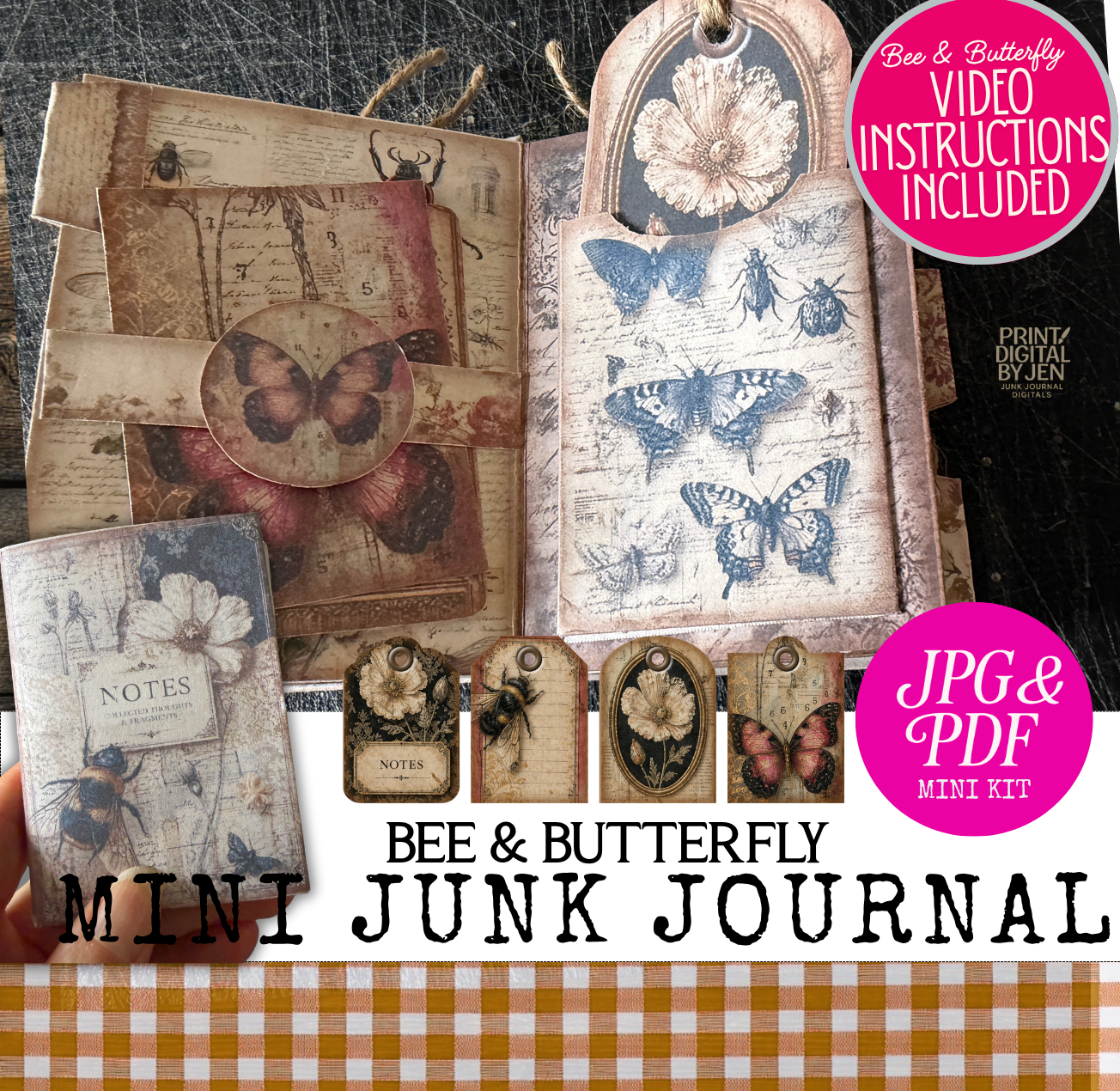 Bee and butterfly mini junk journal kit cover showing vintage botanical ephemera, tags, envelopes, and nature-themed printabl