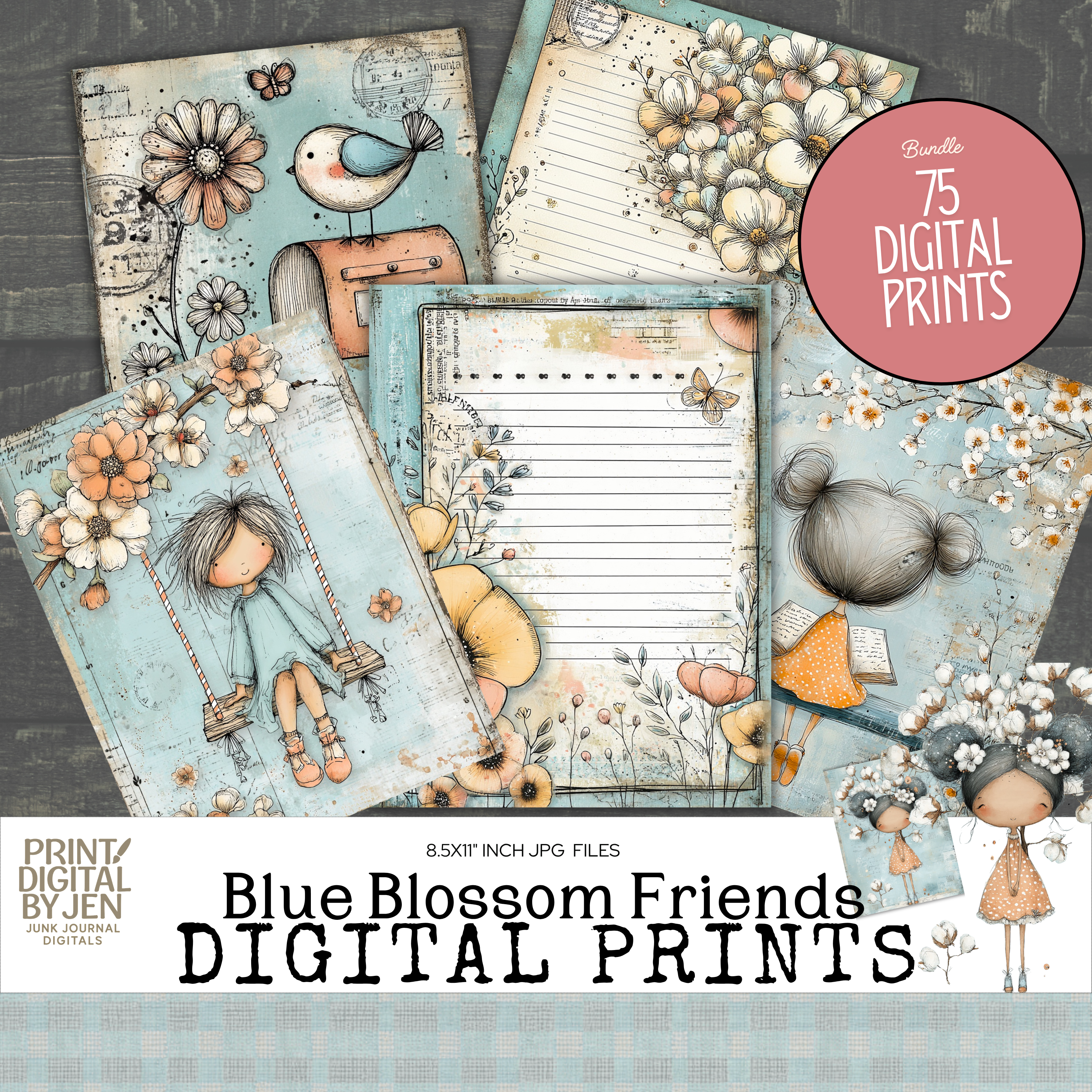 Blue Blossom Friends digital junk journal papers featuring whimsical girls, floral lined stationery pages, cherry blossom bra