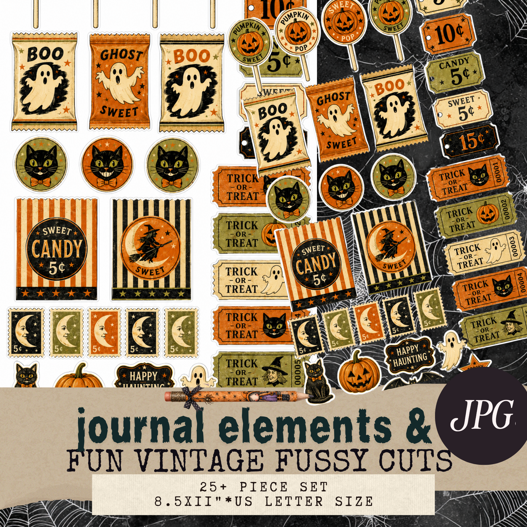Vintage Halloween journal elements and fussy cuts featuring ghosts, black cats, pumpkin candy, tickets, moon stamps, witches,