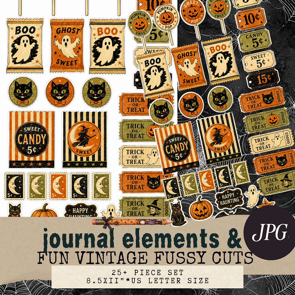 Thumbnail: Vintage Halloween journal elements and fussy cuts featuring ghosts, black cats, pumpkin candy, tickets, moon stamps, witches,