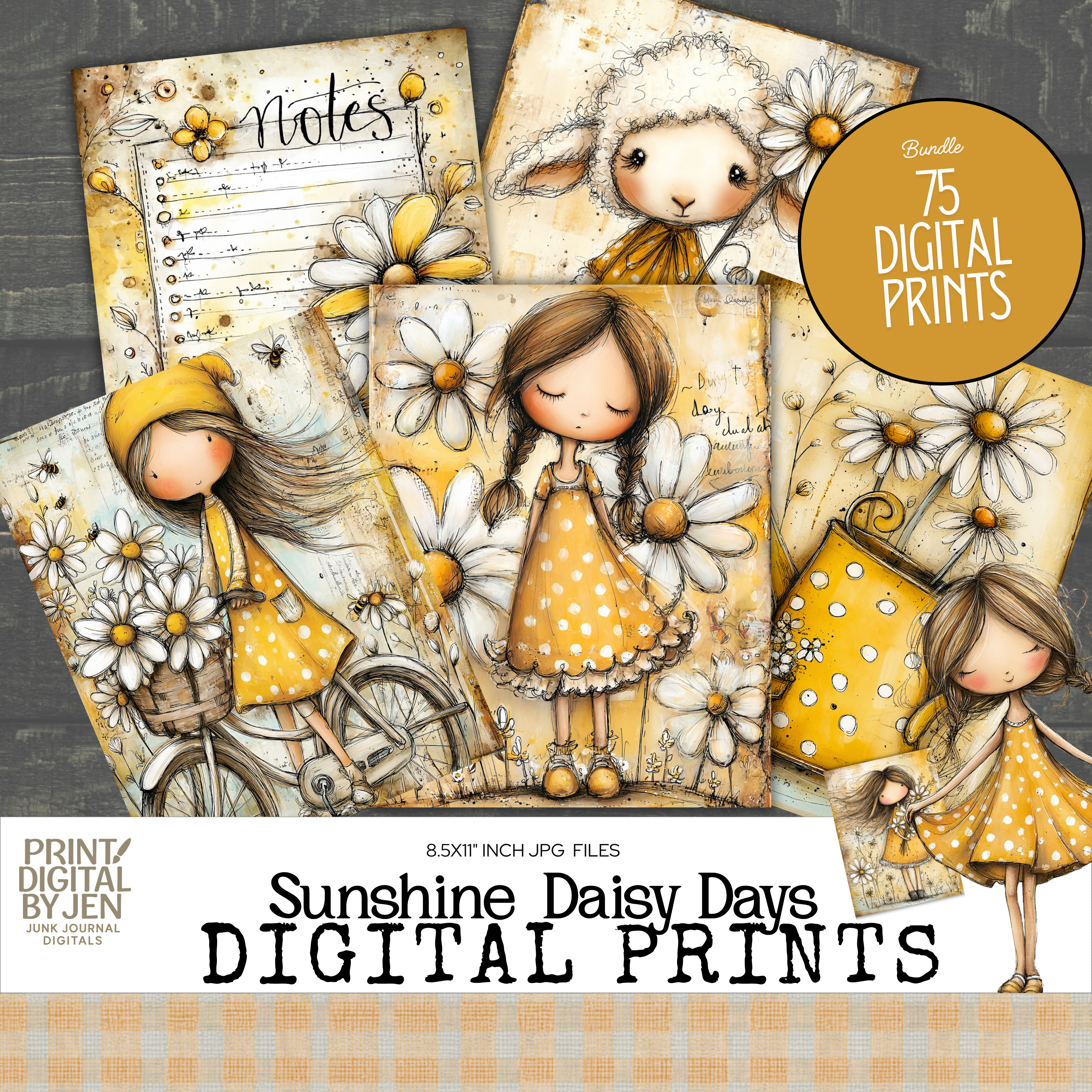Sunshine Daisy Days digital prints bundle featuring whimsical watercolor girls in yellow dresses, daisies, a bicycle basket f