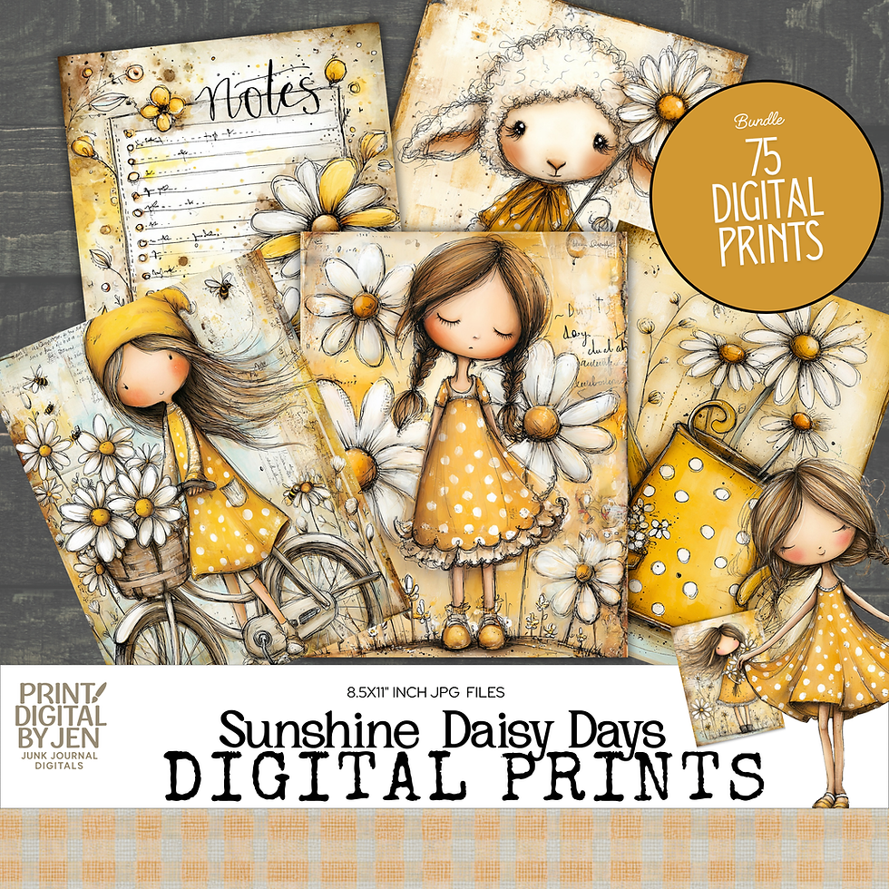 Sunshine Daisy Days digital prints bundle featuring whimsical watercolor girls in yellow dresses, daisies, a bicycle basket f