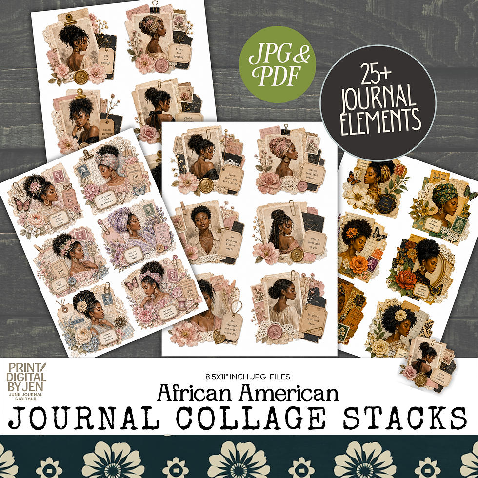 Printable African American journal collage stacks set with vintage paper layers, floral portraits, 25+ journal elements, JPG