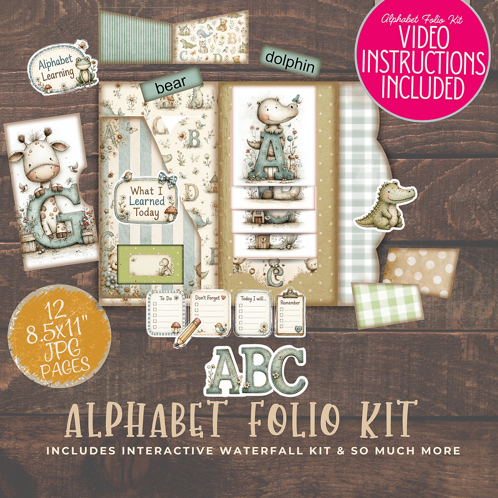 Alphabet Folio Kit printable junk journal folio with woodland animals, ABC pieces, waterfall cards, 12 JPG pages, and video i