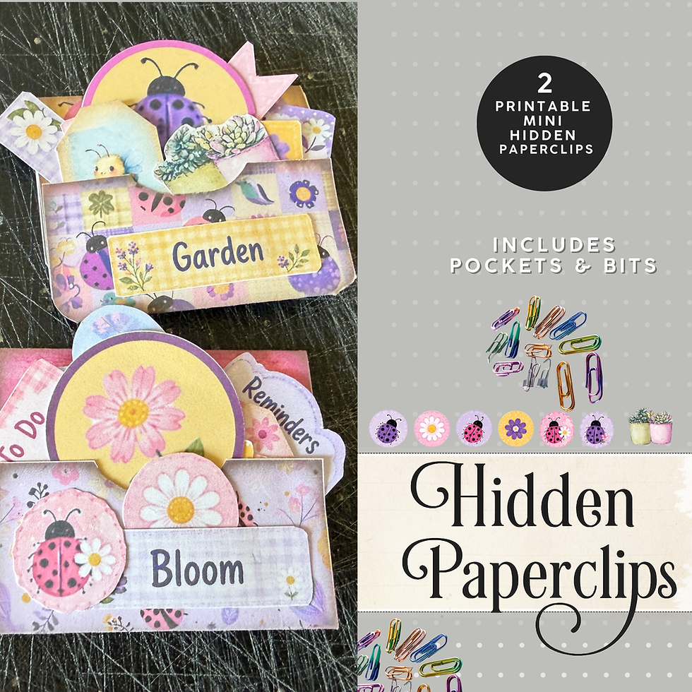 Ladybug Junk Journal Hidden Paperclips printable kit with two handmade pocket clips, pastel tags, flowers, and garden ephemer