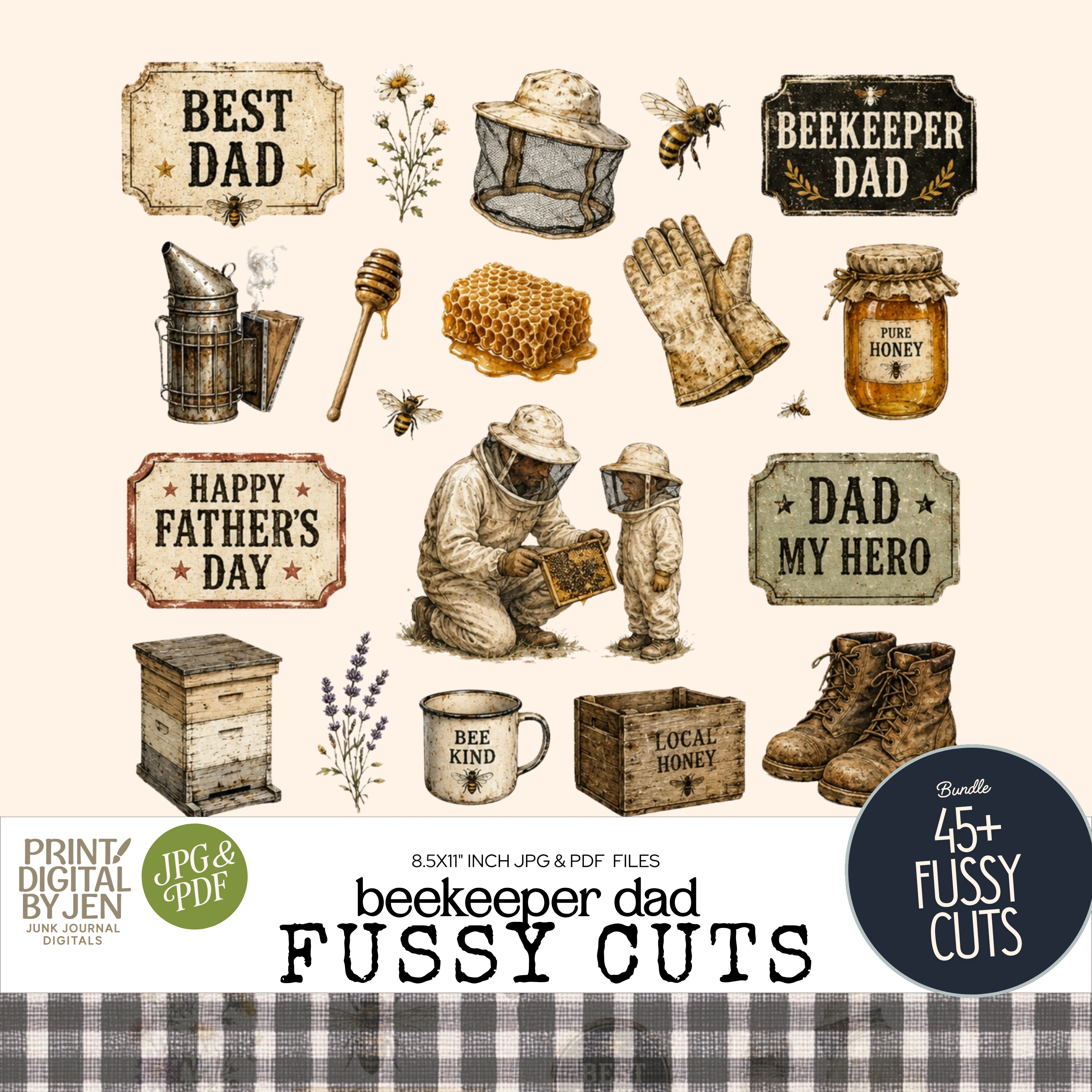 Vintage beekeeper dad Father's Day fussy cuts featuring beehives, honey jars, bees, honeycomb, beekeeper tools, rustic labels