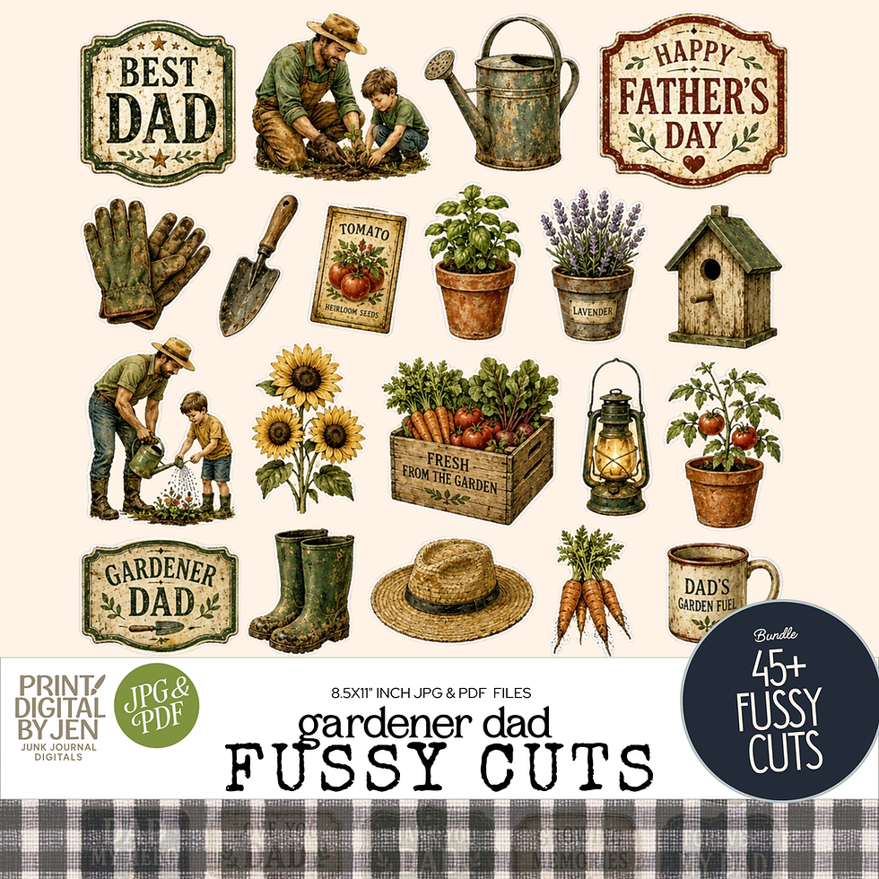 Gardener dad Father's Day fussy cuts with gardening tools, sunflowers, vegetable crates, watering cans, potted plants, garden