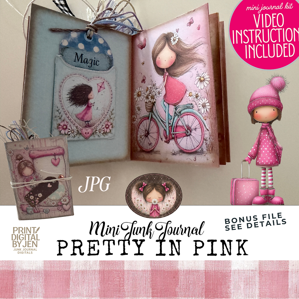 Pretty in Pink mini junk journal open to a whimsical bicycle scene with interactive pocket, removable tag, and video tutorial