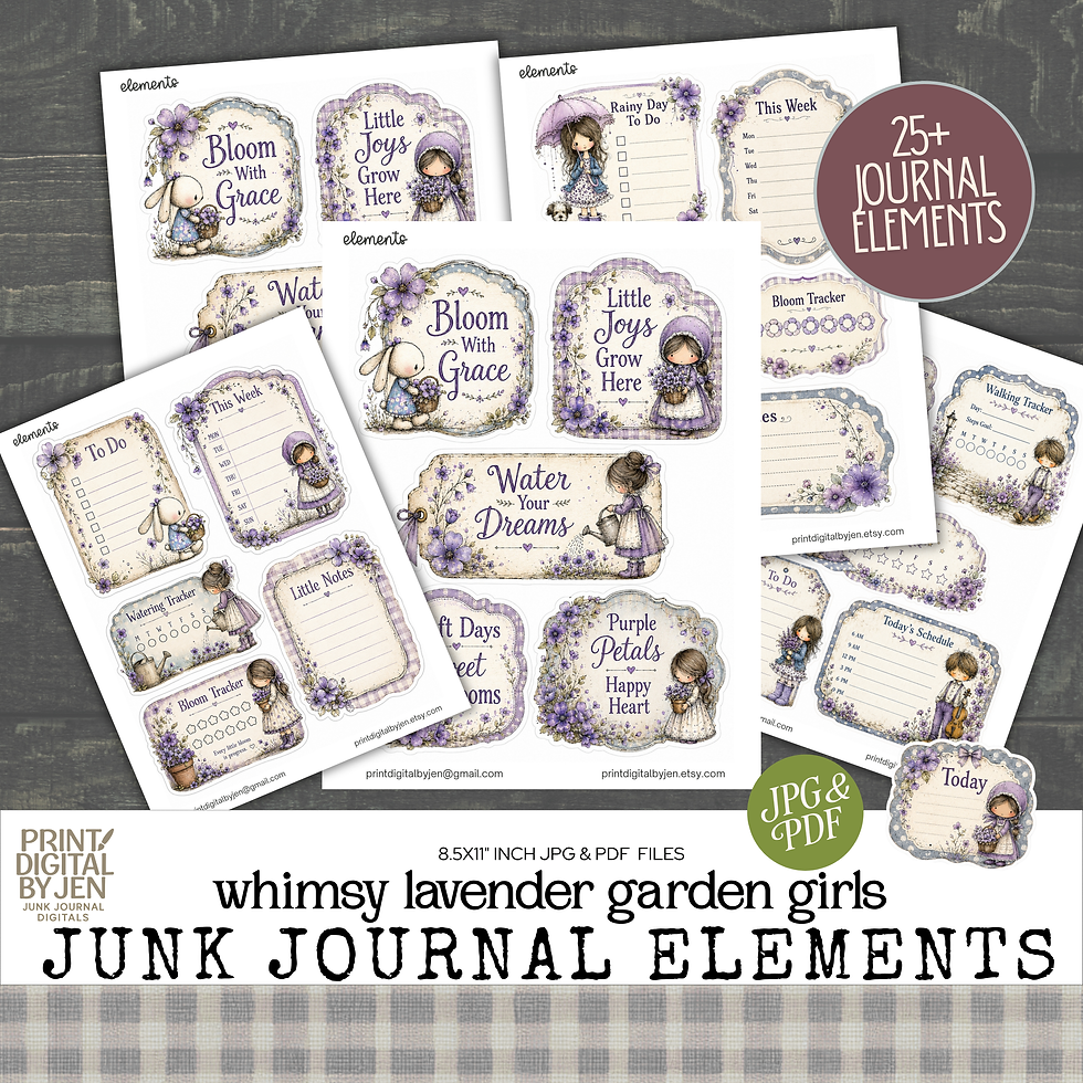 Lavender Garden Girl Junk Journal Elements printable ephemera kit with 25+ JPG and PDF journal pieces.