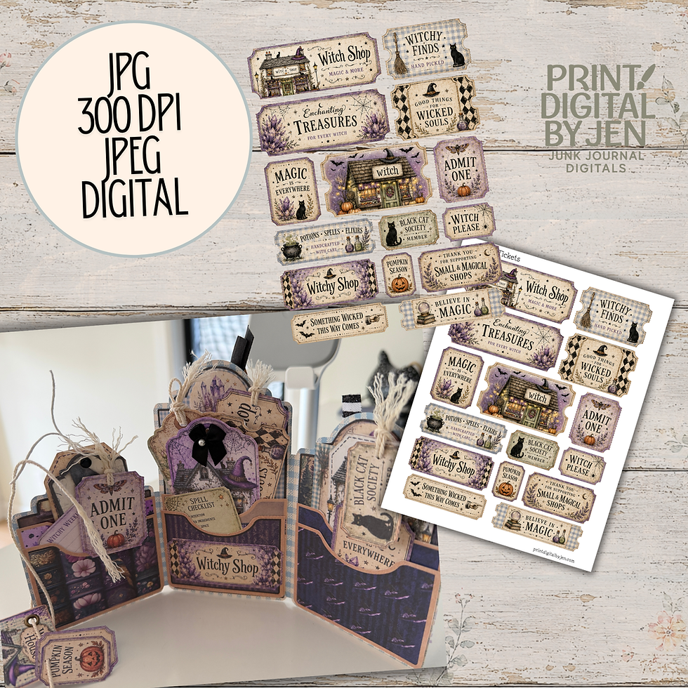 Thumbnail: Witchy Shop printable ticket freebie page featuring witch shop labels, magic tickets, black cat designs, pumpkins and Hallowe