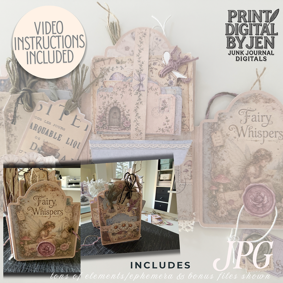 Fairy Whispers printable tri fold folio open display showing interactive pockets, fairy tags, envelopes, botanical ephemera,