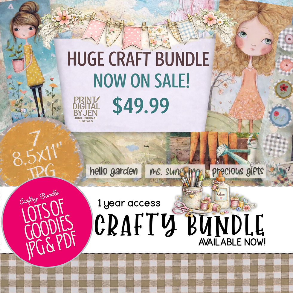 Photo of a laptop screen displaying the PrintDigitalByJen website blog page titled “Crafty Bundle On Sale Now,” featuring a colorful promotional graphic advertising a huge craft bundle for $49.99 with various craft-themed illustrations and text about goodies and one-year access.