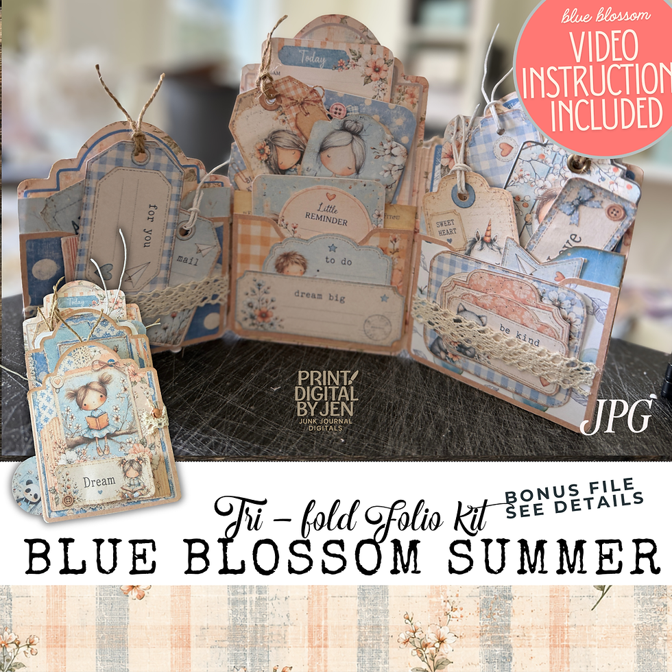 Blue Blossom Summer Tri Fold Folio Kit displayed fully assembled, featuring pastel blue and peach pockets, tags, journaling c