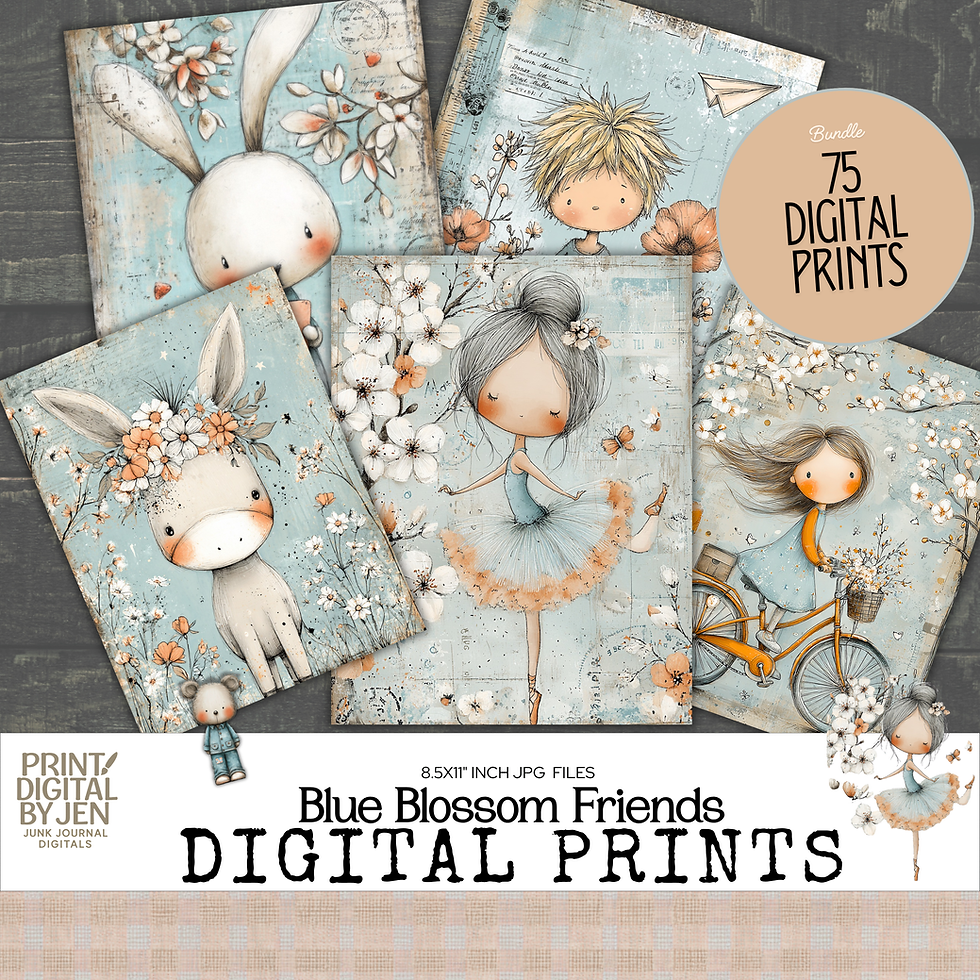 Blue Blossom Friends junk journal printable collection showcasing a bunny with floral crown, ballerina girl among blossoms, b