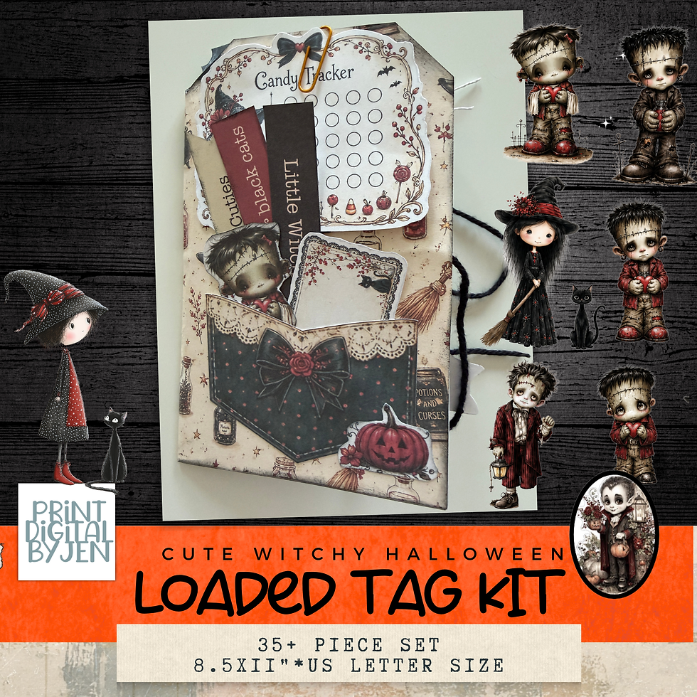 Front view of a whimsical witch Halloween loaded tag featuring a candy tracker, pocket inserts, cute witch characters, black