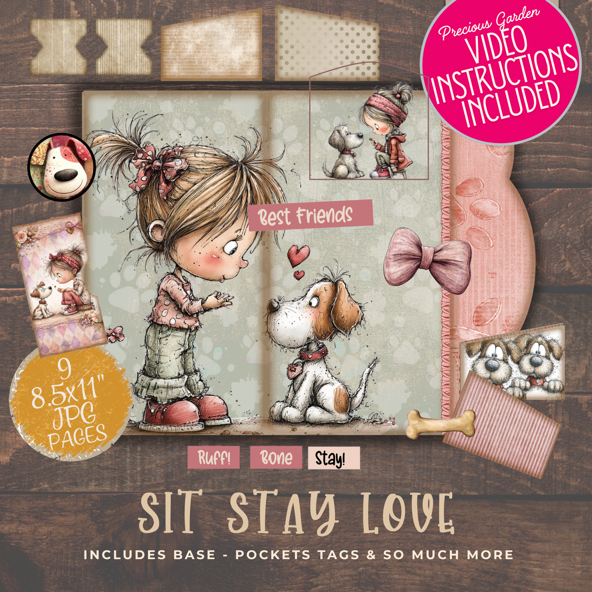Sit Stay Love Dog Folio – 9 Sweet Puppy Journal Pages with 30+ Elements