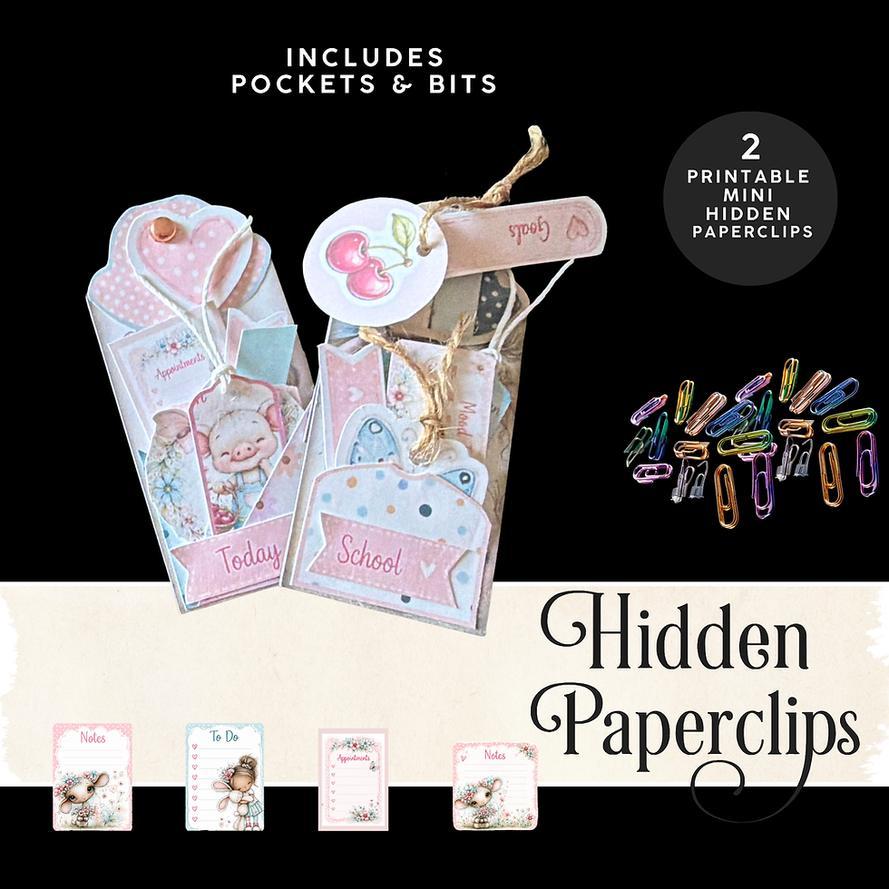 Printable mini hidden paperclips with pastel pockets, tags, fussy cuts, and colorful paperclip embellishments for junk journa