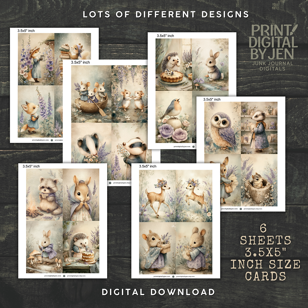 Cozy woodland junk journal card sheets featuring pastel forest animals, lavender florals, rabbits, hedgehogs, foxes, and whim