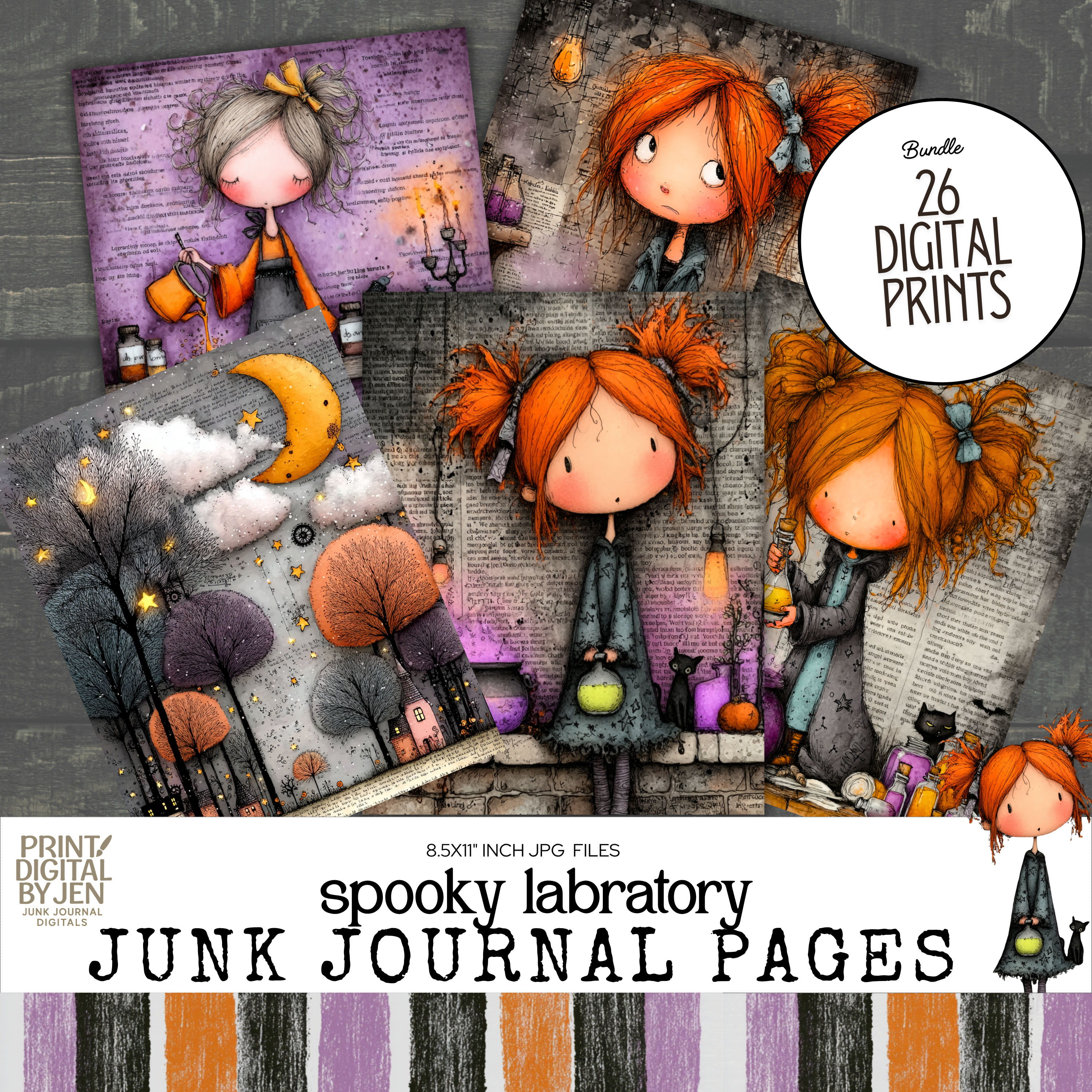 Preview of 26 spooky laboratory junk journal pages featuring whimsical girls, potion bottles, pumpkins, moonlit forests, Hall