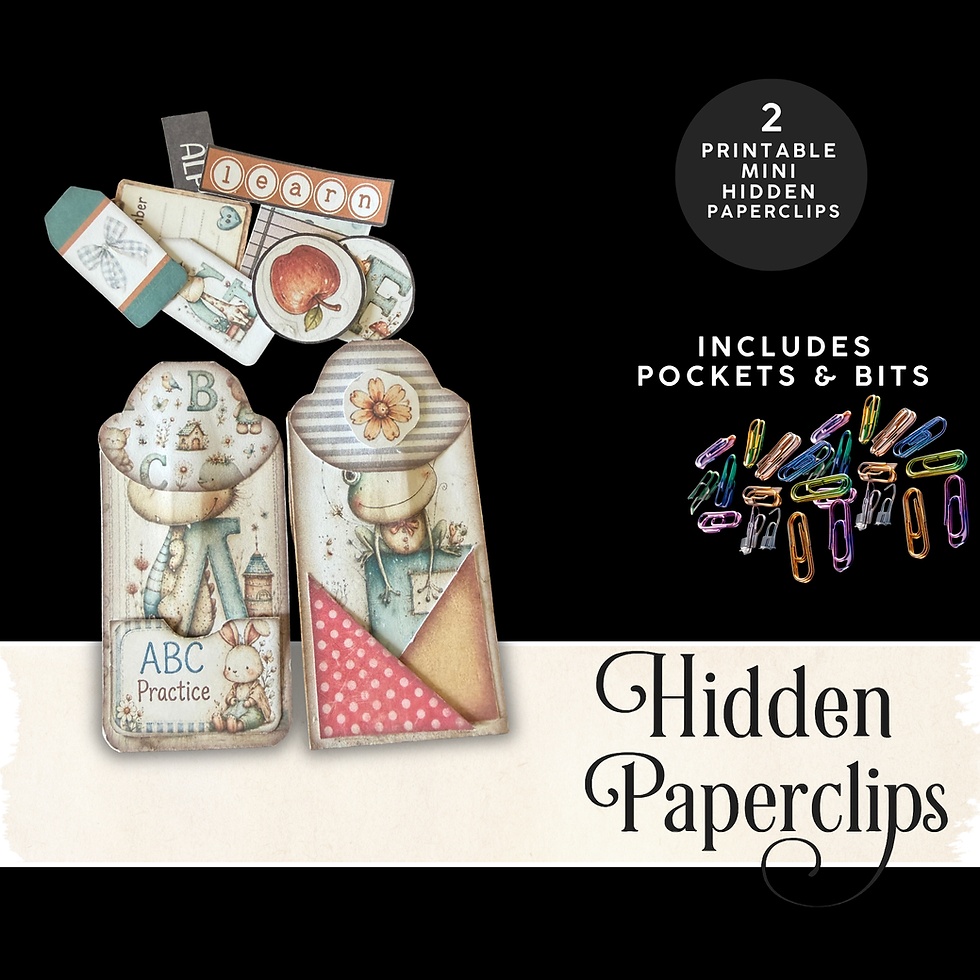 Printable mini hidden paperclips with alphabet and woodland animal designs, pockets, tags, and decorative bits included.