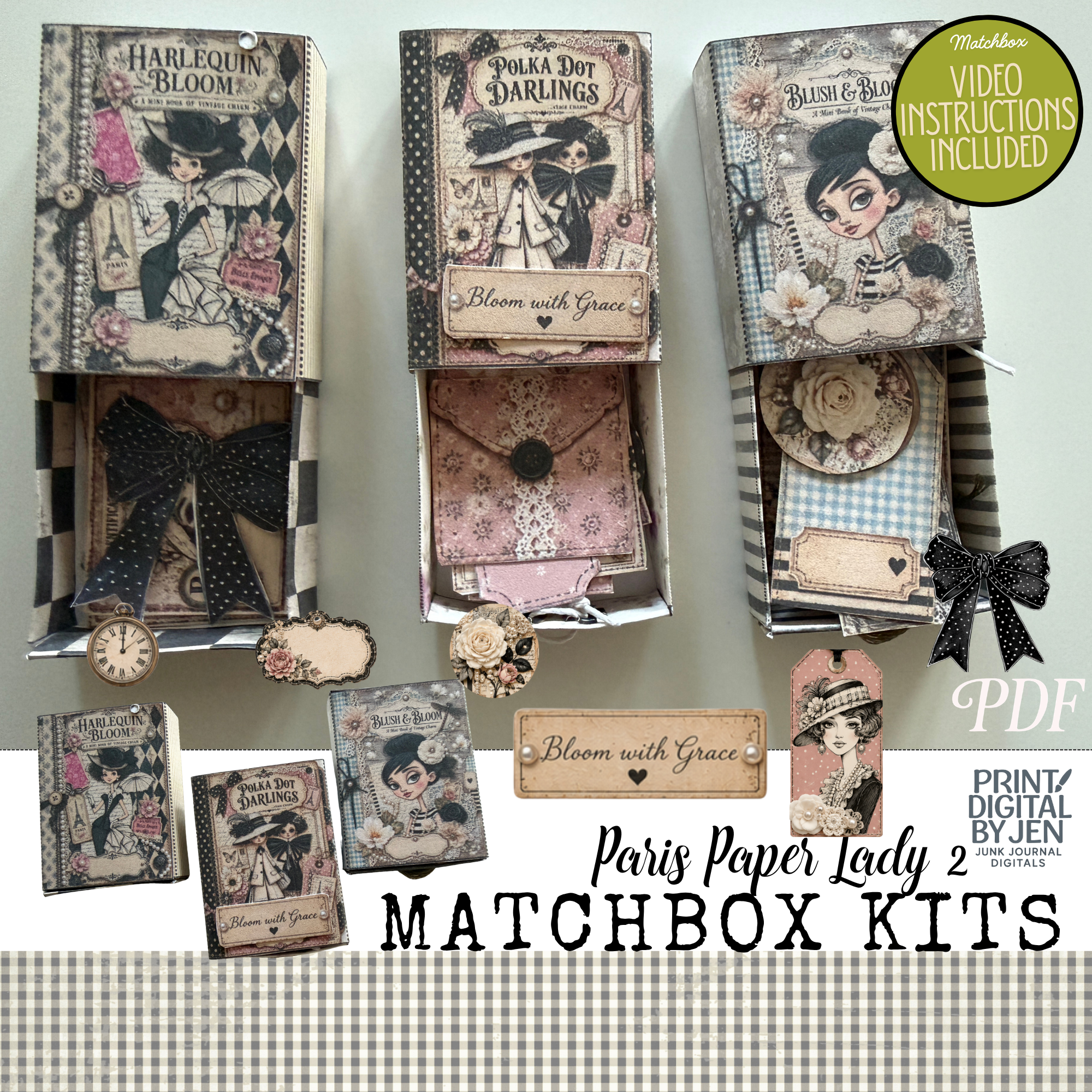 Printable Paris Paper Lady 2 Matchbox Kit featuring three vintage-inspired drawer-style matchboxes: Harlequin Bloom, Polka Do