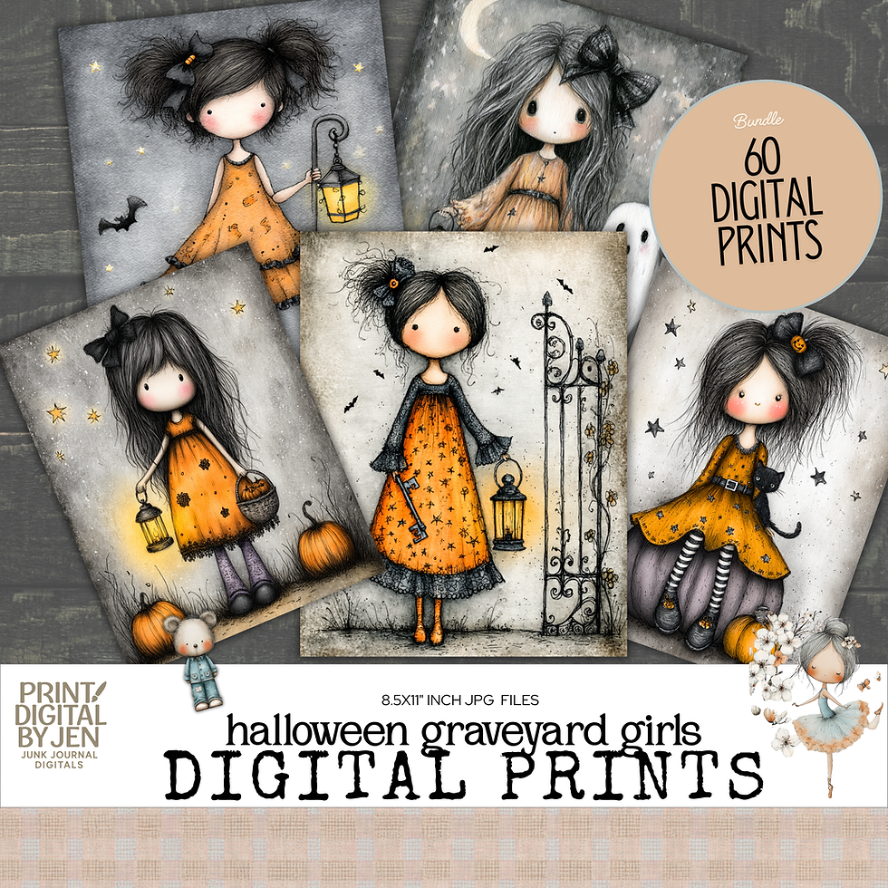 Thumbnail: Halloween Graveyard Girls junk journal printable collection with cute gothic girls, pumpkins, lanterns, ghosts, black cats, a