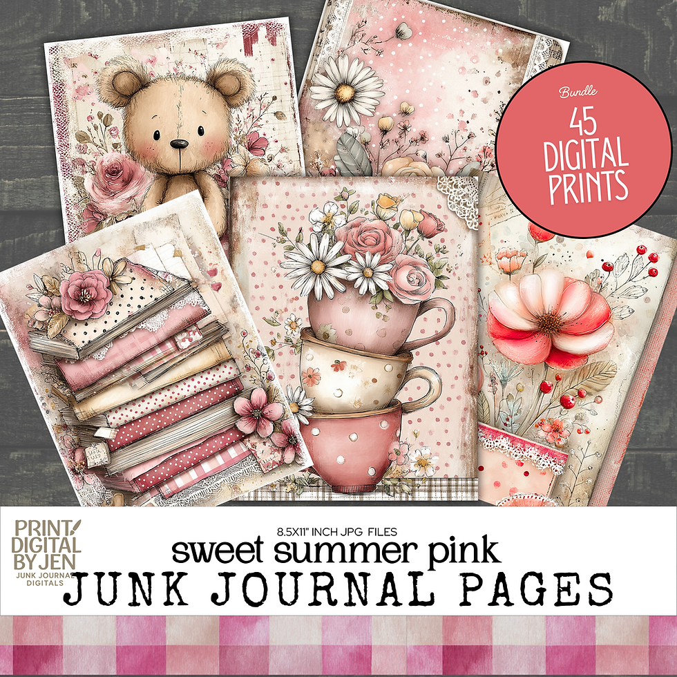 Sweet Summer Pink Junk Journal Pages digital download featuring soft pink floral artwork, teddy bear illustrations, vintage b