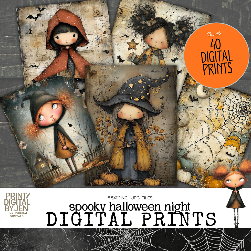 Halloween junk journal papers showing cute gothic witch characters, bats, spiderwebs, pumpkins, and distressed vintage backgr