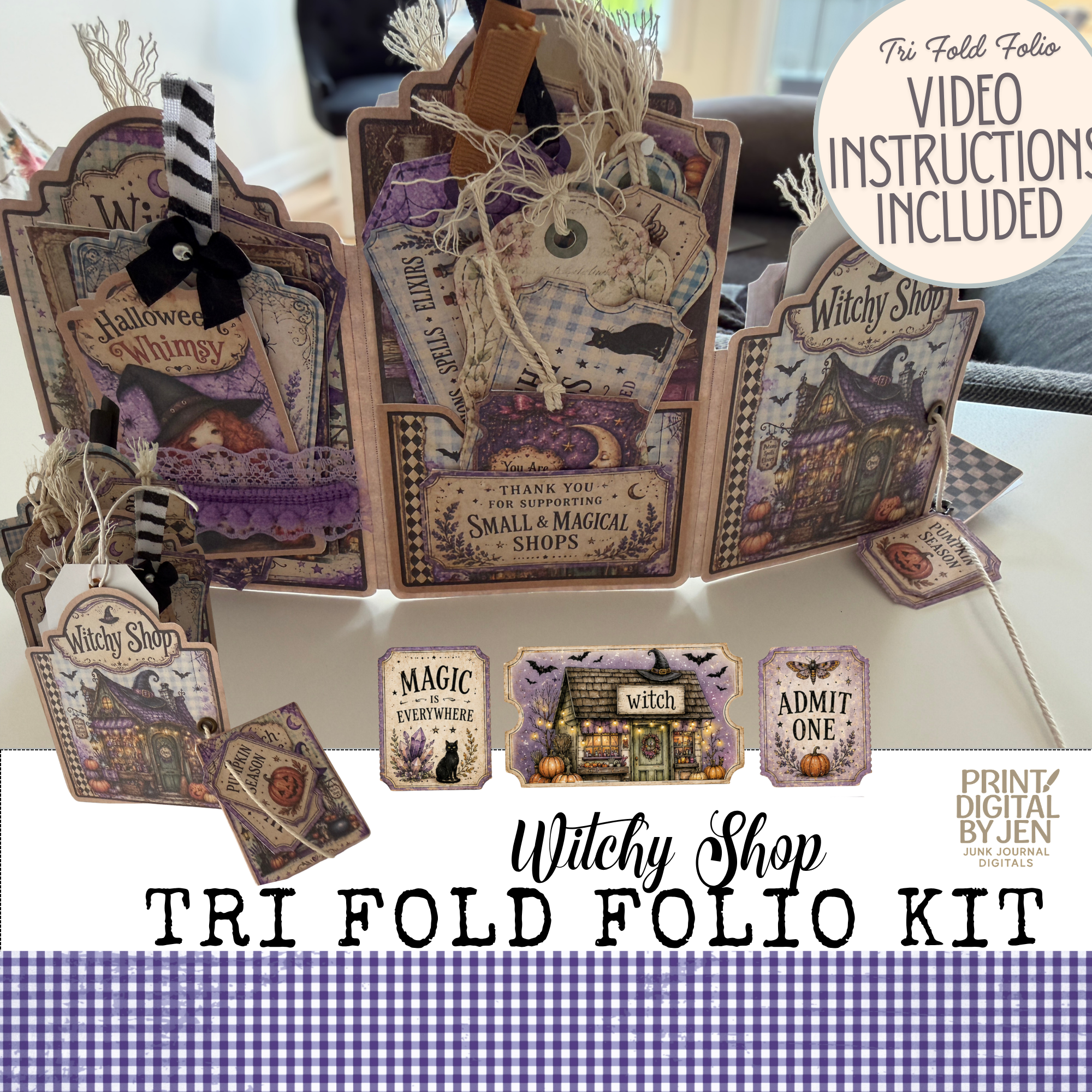 Witchy Shop Tri Fold Folio Kit printable digital download featuring an open vintage witch shop folio filled with pockets, tag