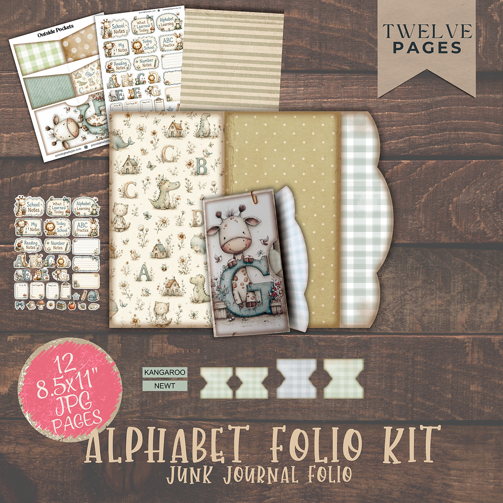 Alphabet Folio Kit overview showing 12 printable pages, outside pockets, animal labels, patterned papers, and junk journal fo