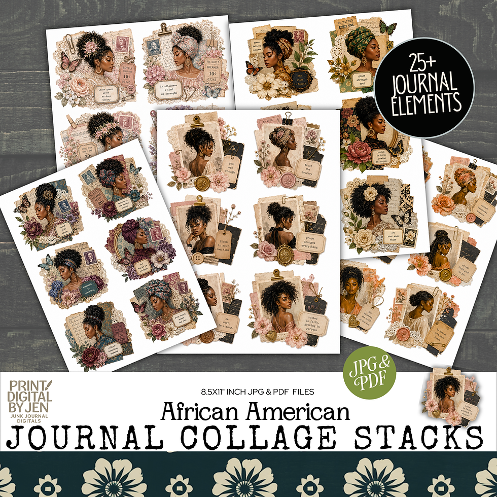 African American journal collage stacks digital kit preview with vintage floral portraits, lace, stamps, butterflies, 25+ jou