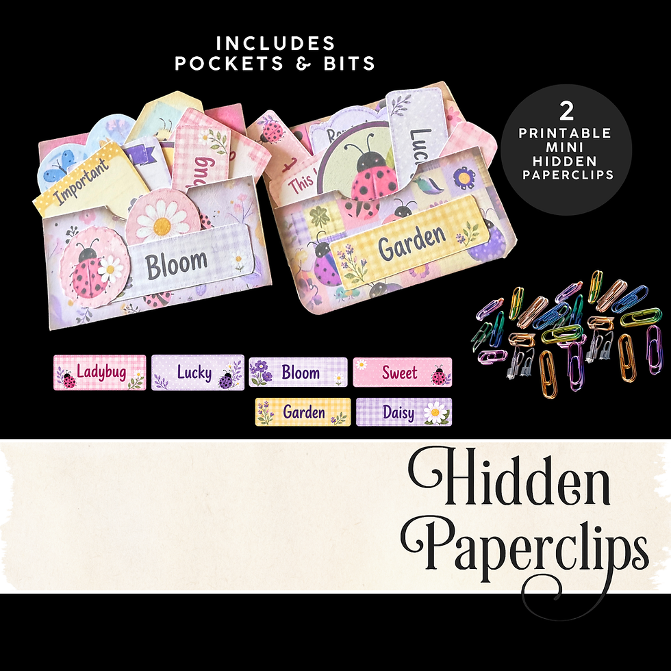 Ladybug hidden paperclip junk journal kit with two printable mini paperclips, pocket bits, word labels, and pastel garden tag