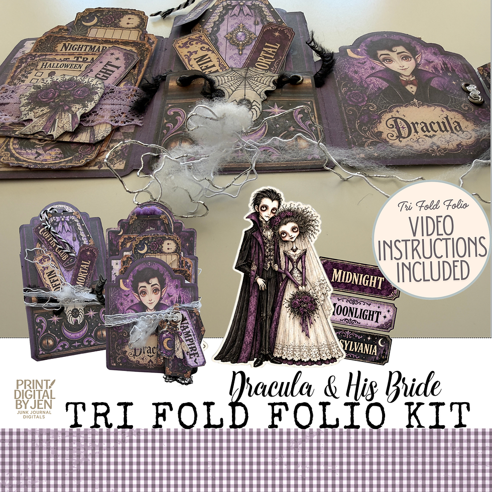 Open Dracula and His Bride Halloween tri fold folio showing gothic pockets, vampire ephemera, coffin tags, moonlight labels a