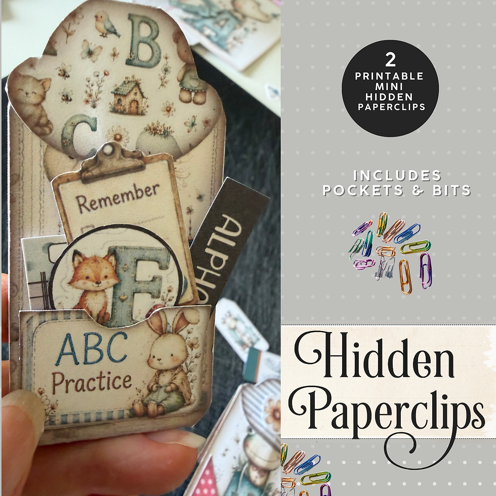 Alphabet hidden paperclip ephemera kit with woodland animals, pockets, bits, and printable mini paperclip designs.