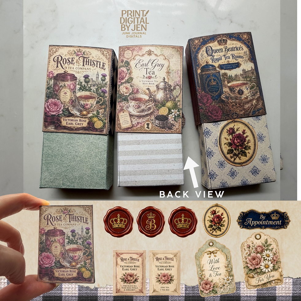 Thumbnail: Product overview displaying the complete Royal Tea Matchbook Kit with printable pages, finished miniature matchbook boxes, vi