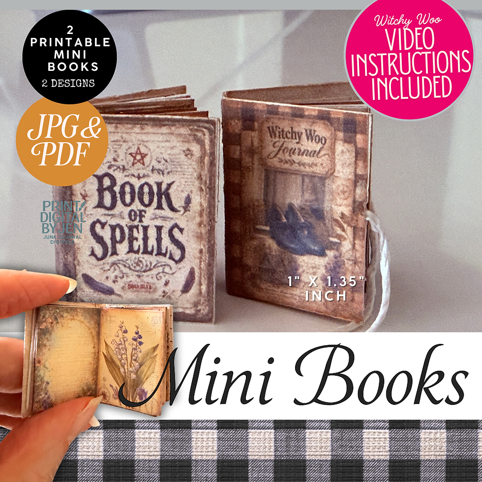 Two printable witch-themed miniature books titled Book of Spells and Witchy Woo Journal displayed on a tabletop, showing the