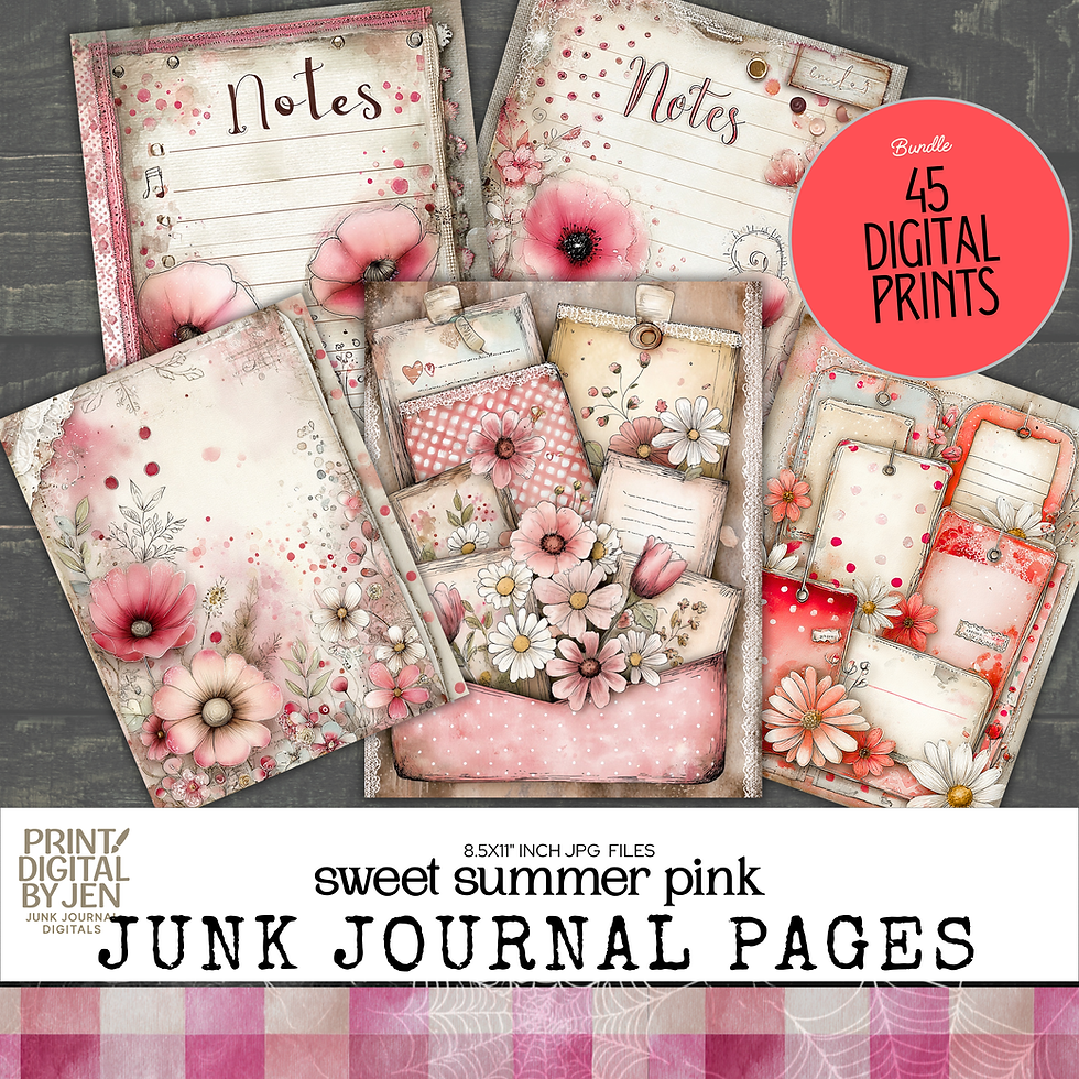 Pink junk journal paper bundle with floral note pages, decorative pockets, vintage tags, pastel ephemera, lace accents, and 4