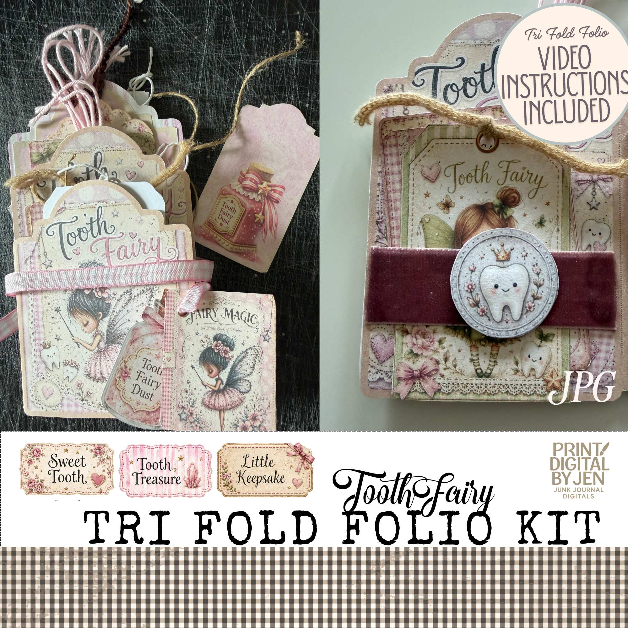 Tooth Fairy Tri Fold Folio Kit printable junk journal craft with pink fairy tags, pockets, tooth keepsakes and video instruct