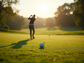 lifestyle photography golfer teeing off morning sunshine lush green fairway pristine golf 
