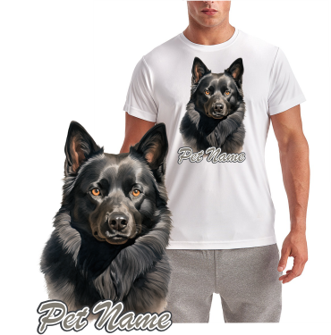 Schipperke Dog Breed Short Sleeve T-Shirt featuring a black Schipperke portrait with optional personalized pet name