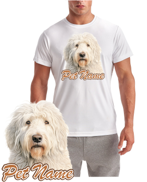 Komondor Dog Breed T-Shirt with fluffy white Komondor portrait on white shirt