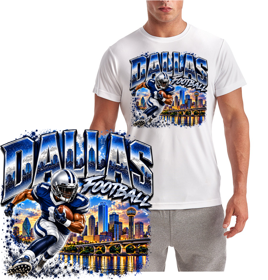Dallas Cowboy Football T-Shirt shown on white Gildan shirt