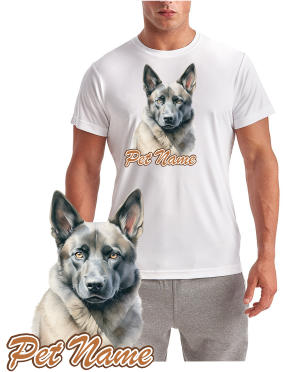 Norwegian Elkhound T-Shirt featuring a gray and black Norwegian Elkhound dog portrait on a white short sleeve shirt