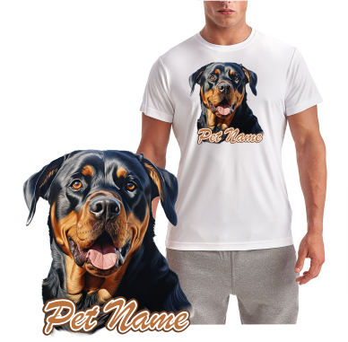 Rottweiler Dog T-Shirt featuring a black and tan Rottweiler portrait with optional personalized pet name
