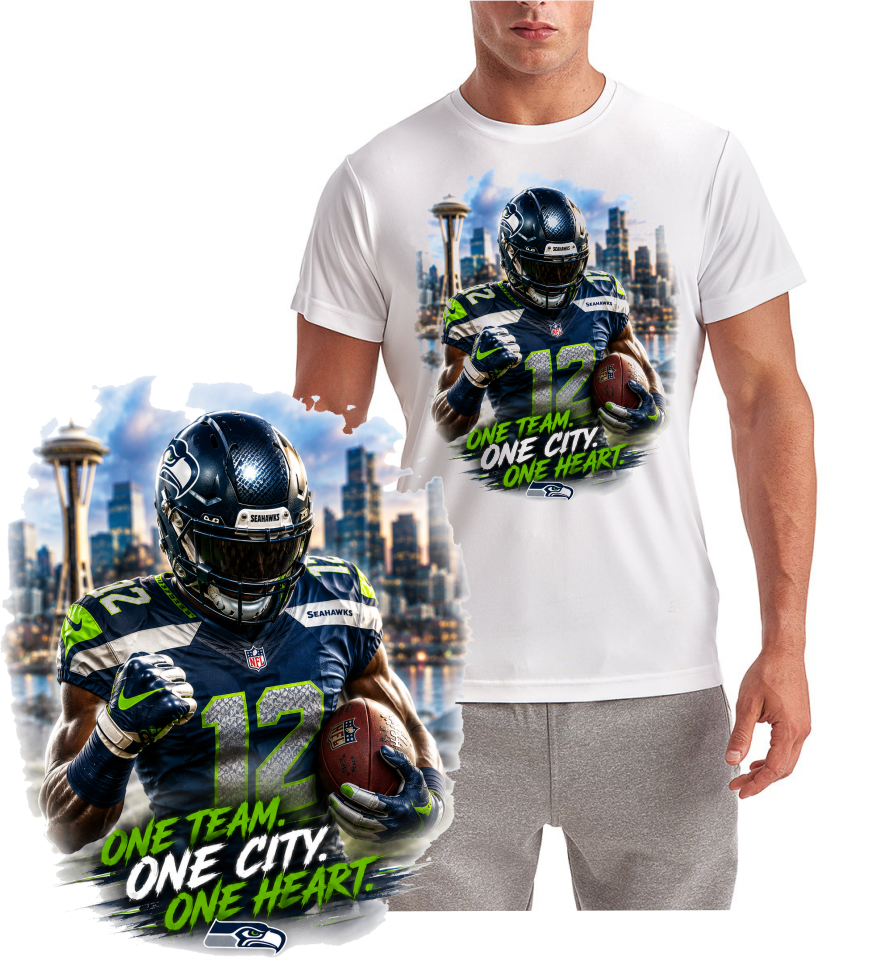 Seattle One Team Football T-Shirt with green and navy player design