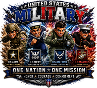 US Military apparel showing Army, Navy, Air Force, and Marines.