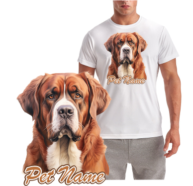 Saint Bernard Dog Breed T-Shirt featuring a brown and white Saint Bernard portrait with optional personalized pet name