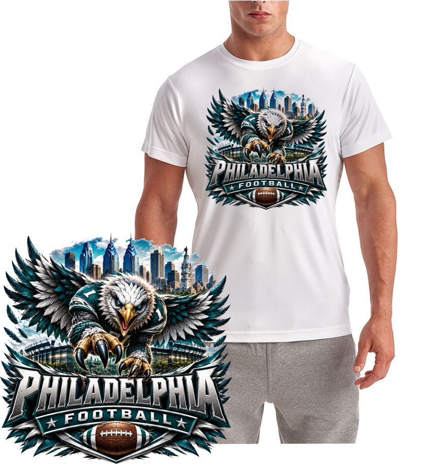 Philadelphia Football T-Shirt shown on white Gildan shirt